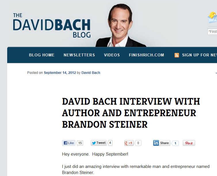 DAVID BACH INTERVIEW WITH AUTHOR AND ENTREPRENEUR BRANDON STEINER