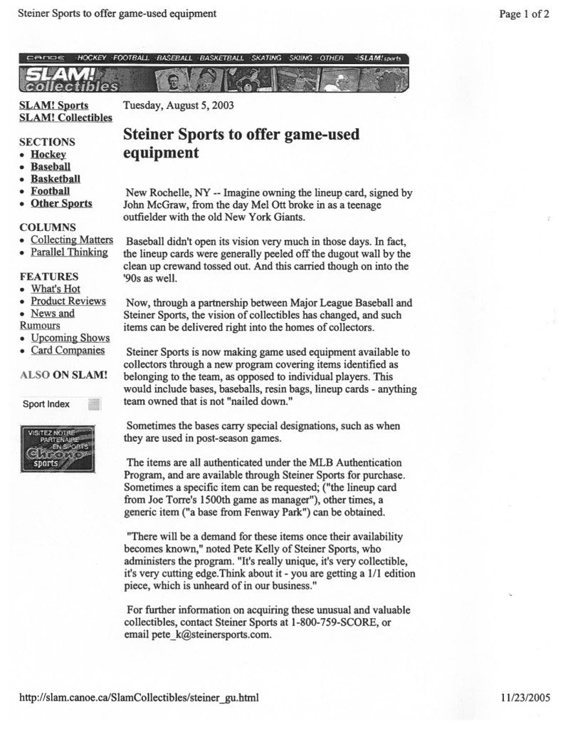 Steiner Sports to offer game-used equipment