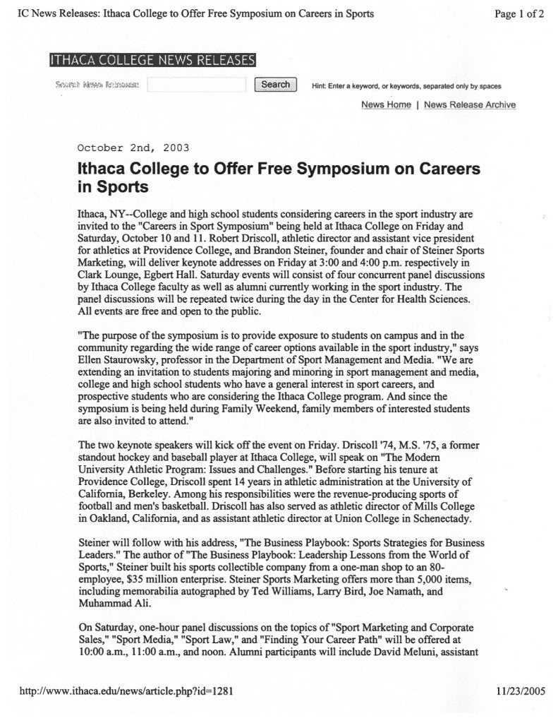 Ithaca College to Offer Free Symposium on Careers in Sports